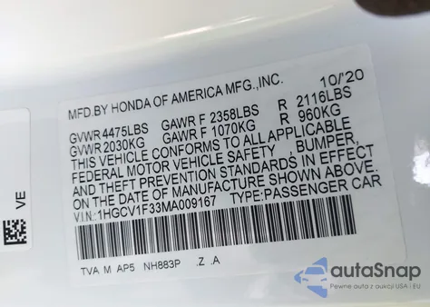2021 Honda Accord Sport z USA, uszkodzony, nr VIN 1HGCV1F33MA009167